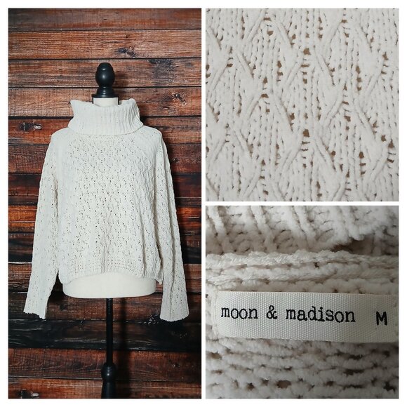 Moon & Madison Sweater M White Turtleneck Soft Chenille Knit Cropped - Picture 1 of 8